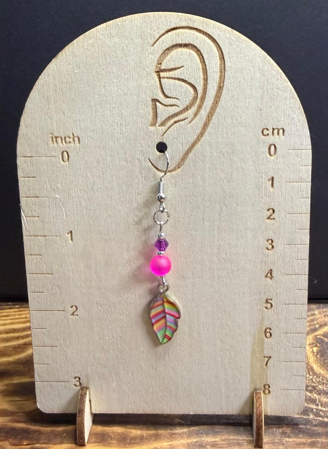 NEW Rainbow Leaf Earrings w/ Frosted Hot Pink Glass Beads