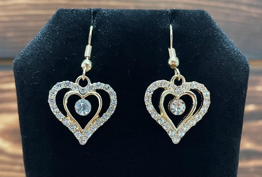 NEW Dainty Rhinestone & Gold Tone Heart Earrings