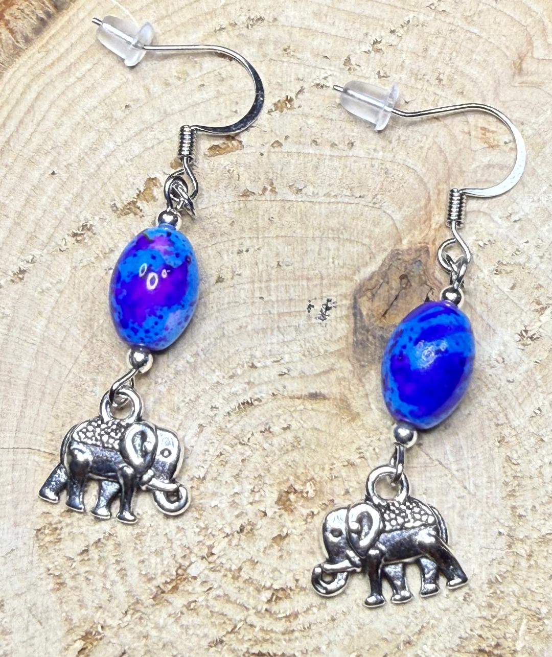 NEW Silver Alloy Circus Elephant Charm Earrings w/ Vibrant Oval Blue Glass Beads