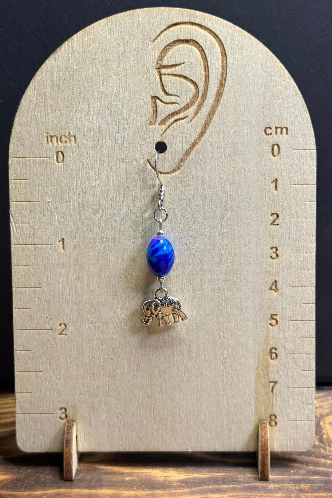 NEW Silver Alloy Circus Elephant Charm Earrings w/ Vibrant Oval Blue Glass Beads