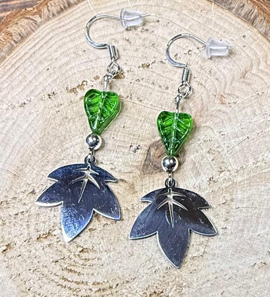 NEW Stainless Steel Maple Leaf Earrings w/ Green Glass Leaf Beads
