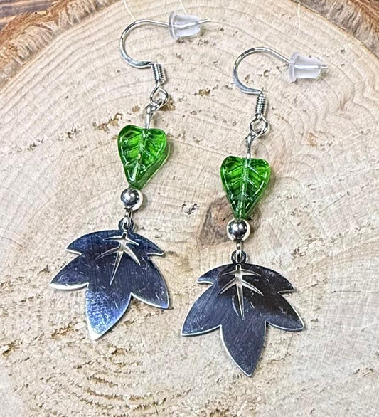 NEW Stainless Steel Maple Leaf Earrings w/ Green Glass Leaf Beads