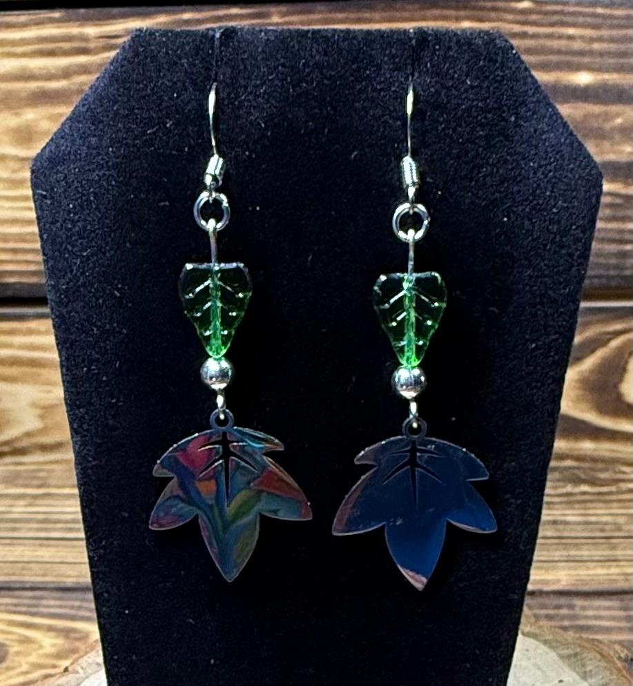 NEW Stainless Steel Maple Leaf Earrings w/ Green Glass Leaf Beads