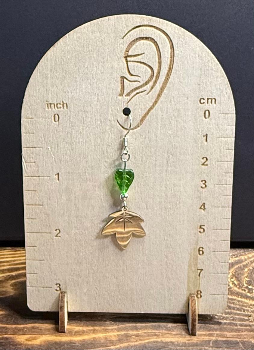 NEW Stainless Steel Maple Leaf Earrings w/ Green Glass Leaf Beads