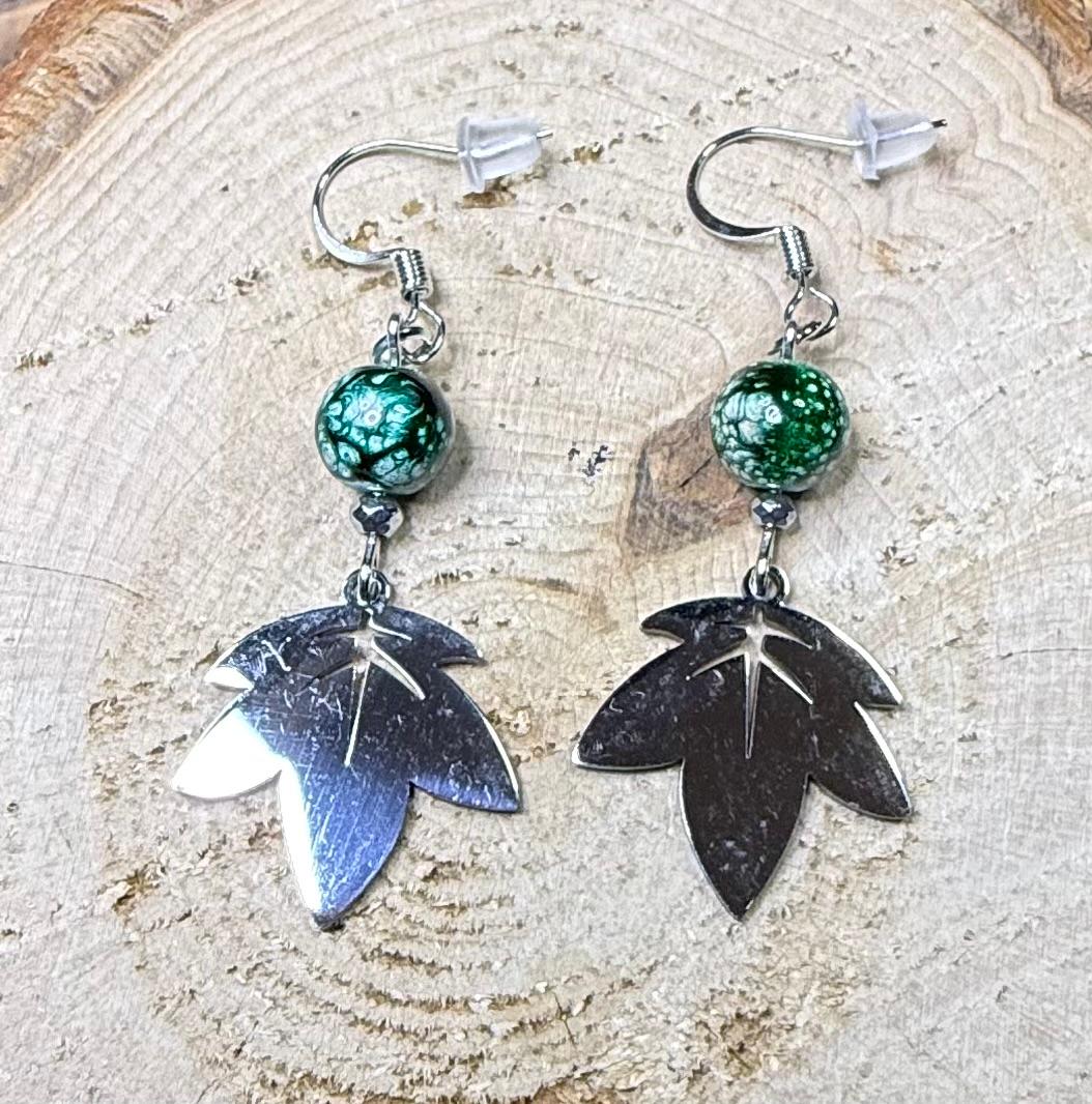 NEW Stainless Steel Maple Leaf Earrings w/ Green & White Beads