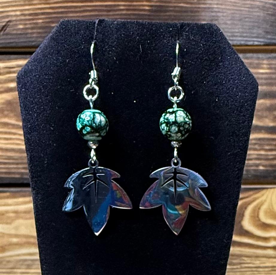 NEW Stainless Steel Maple Leaf Earrings w/ Green & White Beads