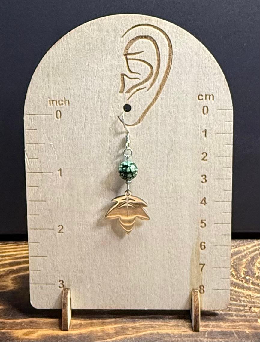 NEW Stainless Steel Maple Leaf Earrings w/ Green & White Beads