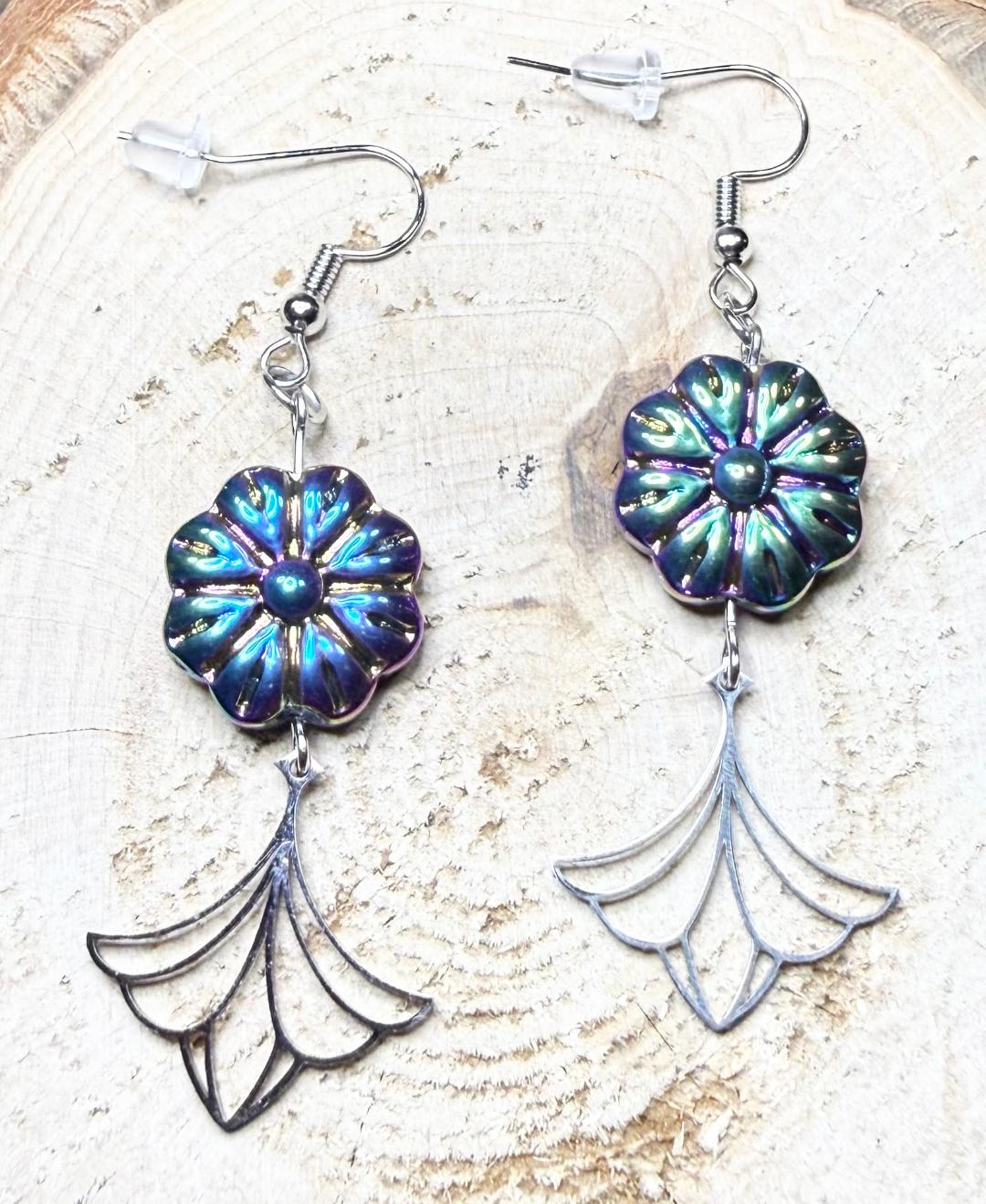 NEW Dainty Lotus Charm Earrings w/ Iridescent Glass Plated Flower Beads