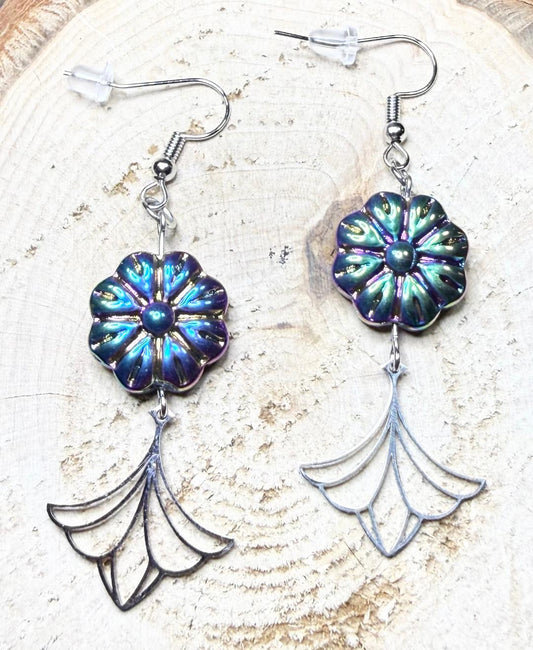 NEW Dainty Lotus Charm Earrings w/ Iridescent Glass Plated Flower Beads