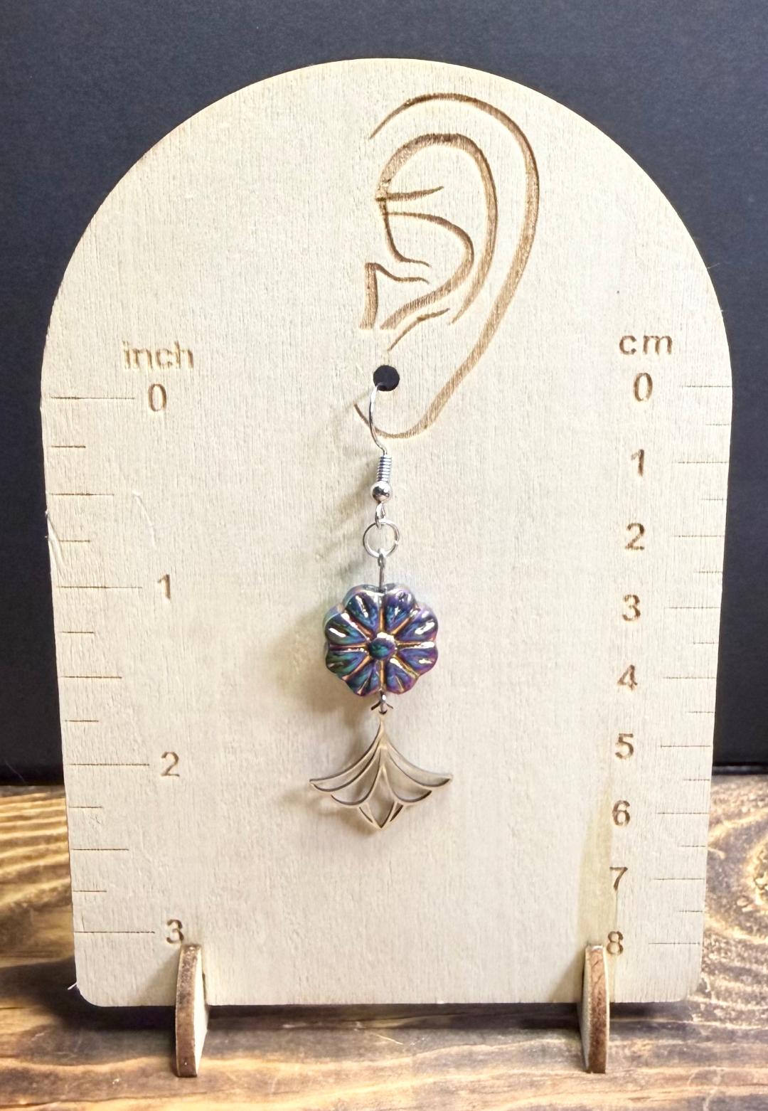 NEW Dainty Lotus Charm Earrings w/ Iridescent Glass Plated Flower Beads