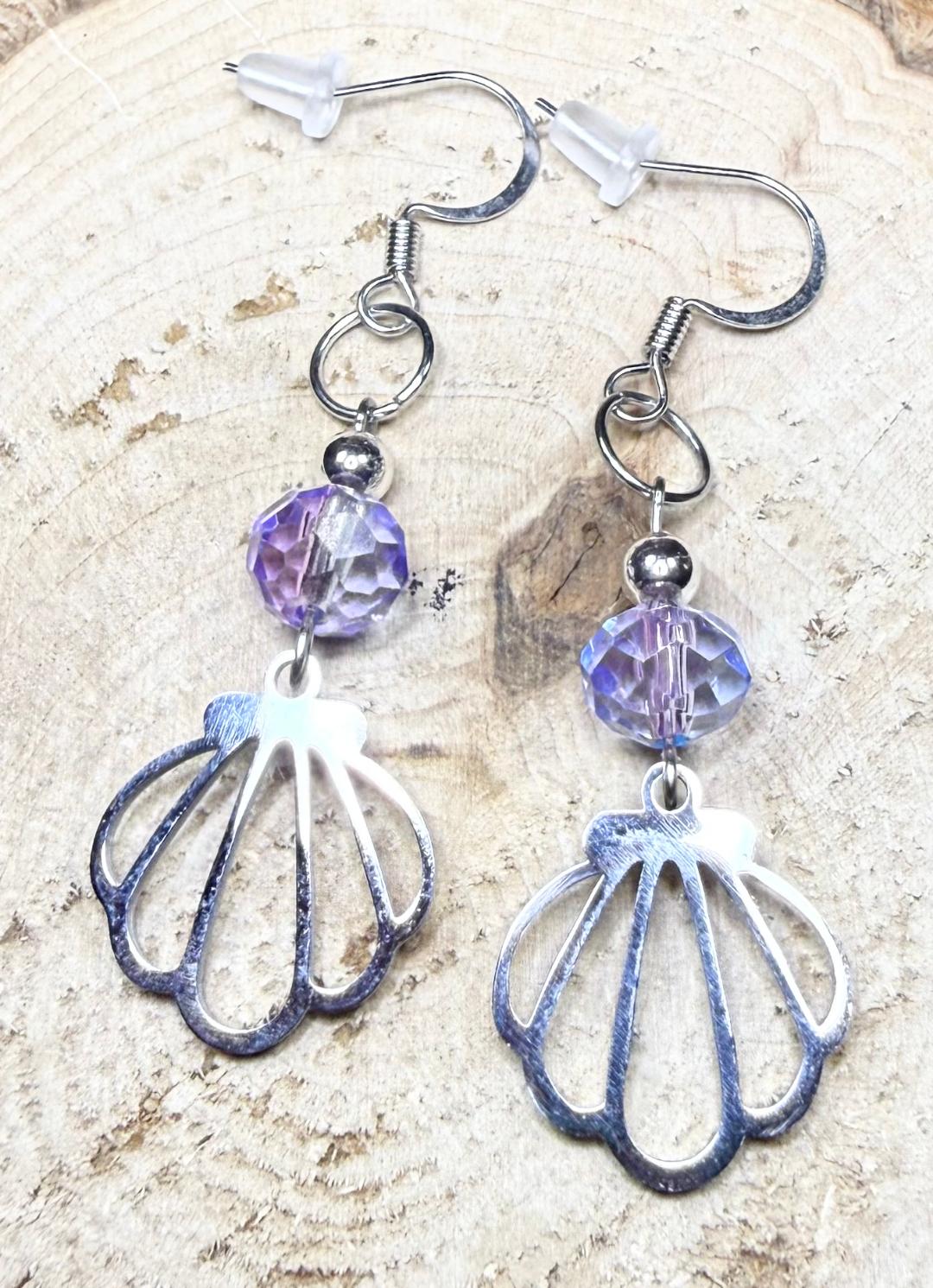 NEW Petite Silver Stainless Steel Shell Charm Earrings w/ Two Tone Glass Bead