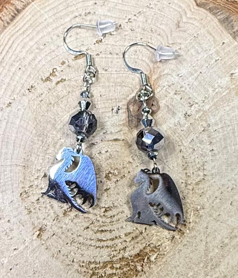 NEW Stainless Steel Dragon Charm Earrings w/ Plated Glass Gray Beads