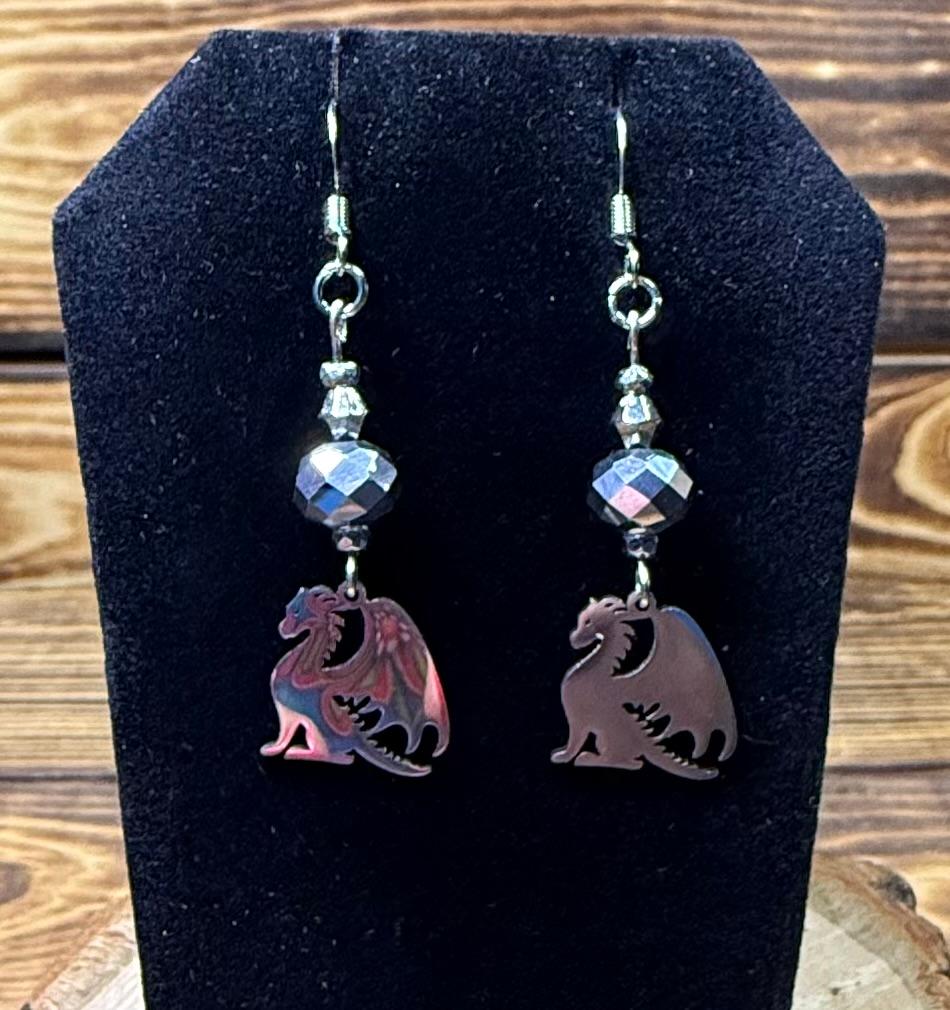NEW Stainless Steel Dragon Charm Earrings w/ Plated Glass Gray Beads