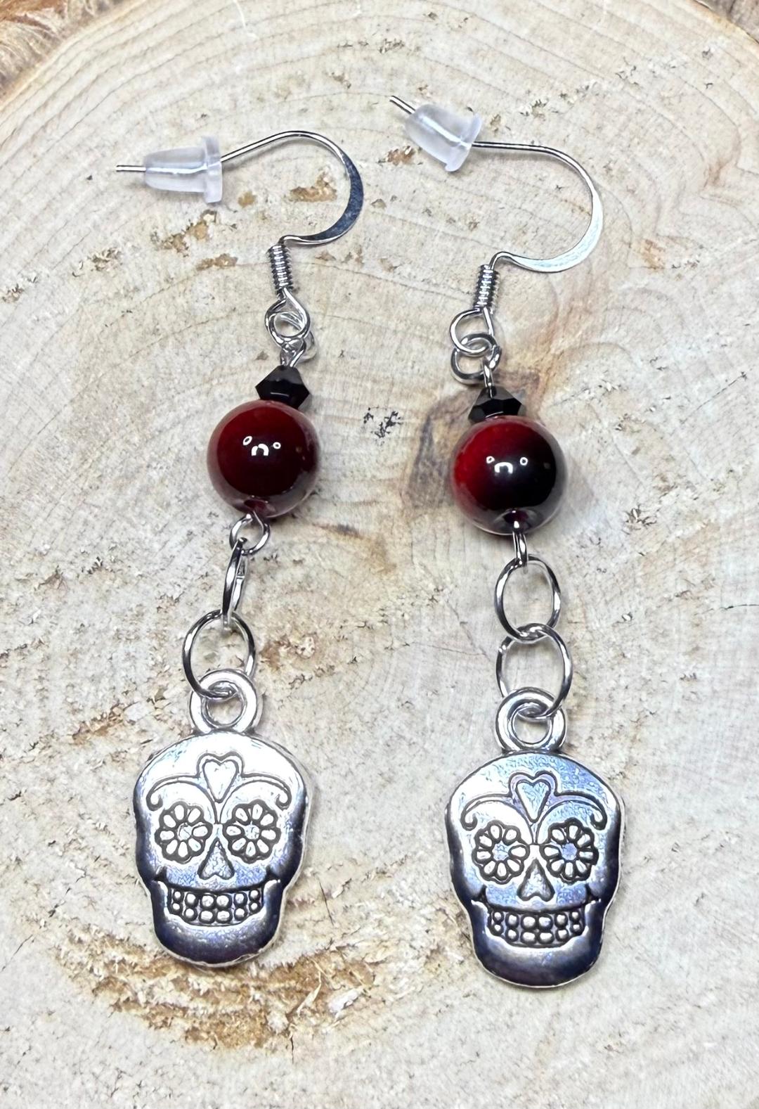 NEW Etched Sugar Skull Charm Earrings w/ REd & Black Tiger's Eye Stone Beads