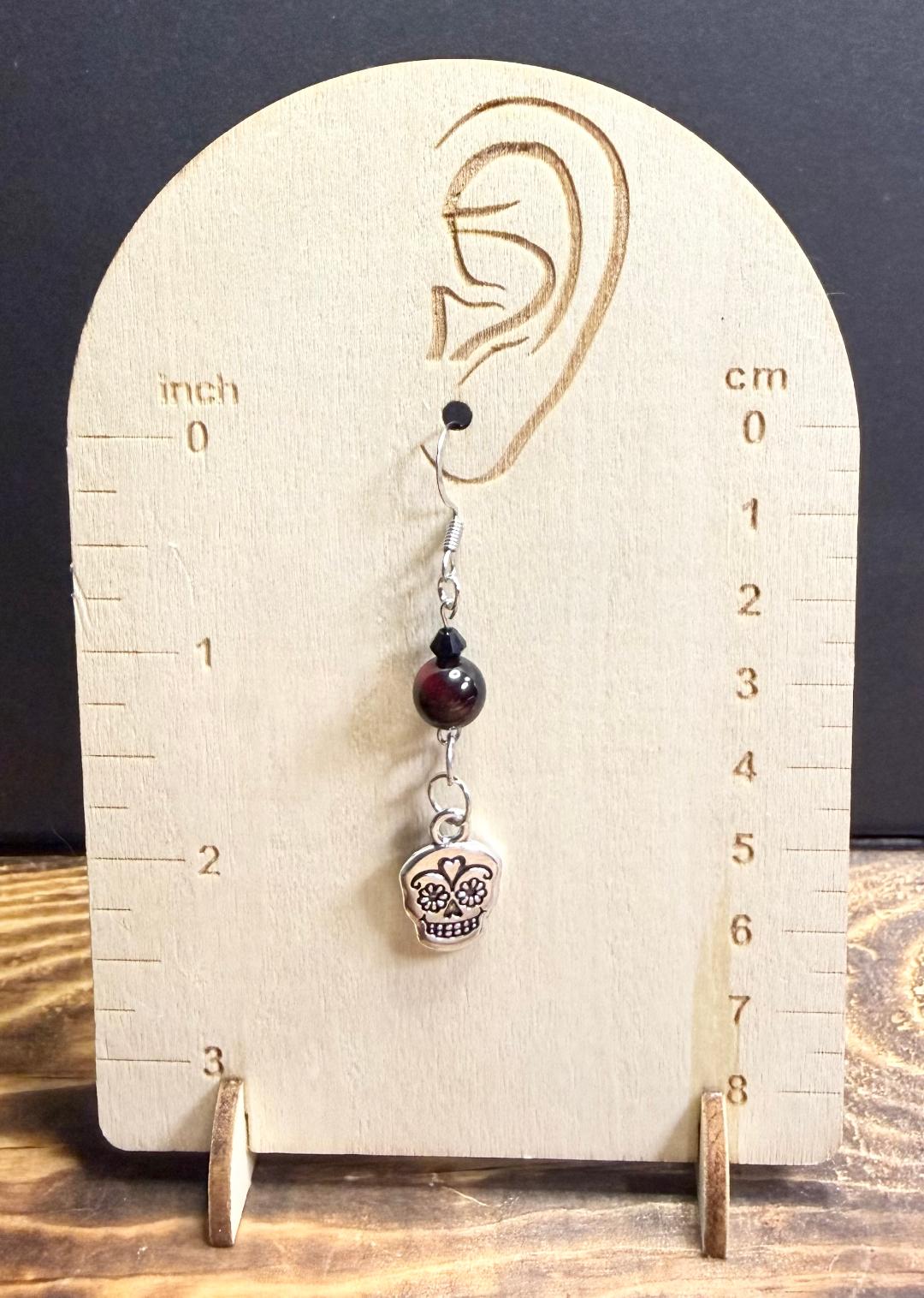 NEW Etched Sugar Skull Charm Earrings w/ REd & Black Tiger's Eye Stone Beads