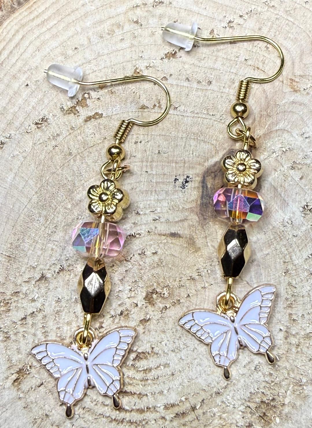 NEW Petite White Butterfly Earrings w/ Flower & Glass Beads