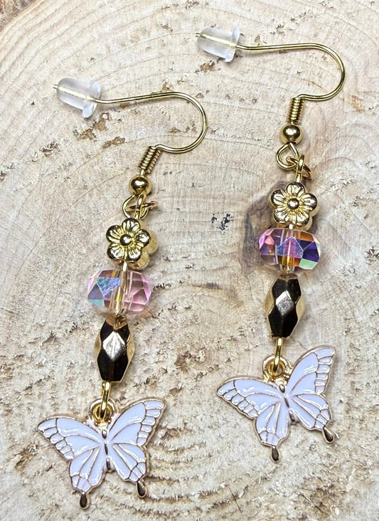 NEW Petite White Butterfly Earrings w/ Flower & Glass Beads