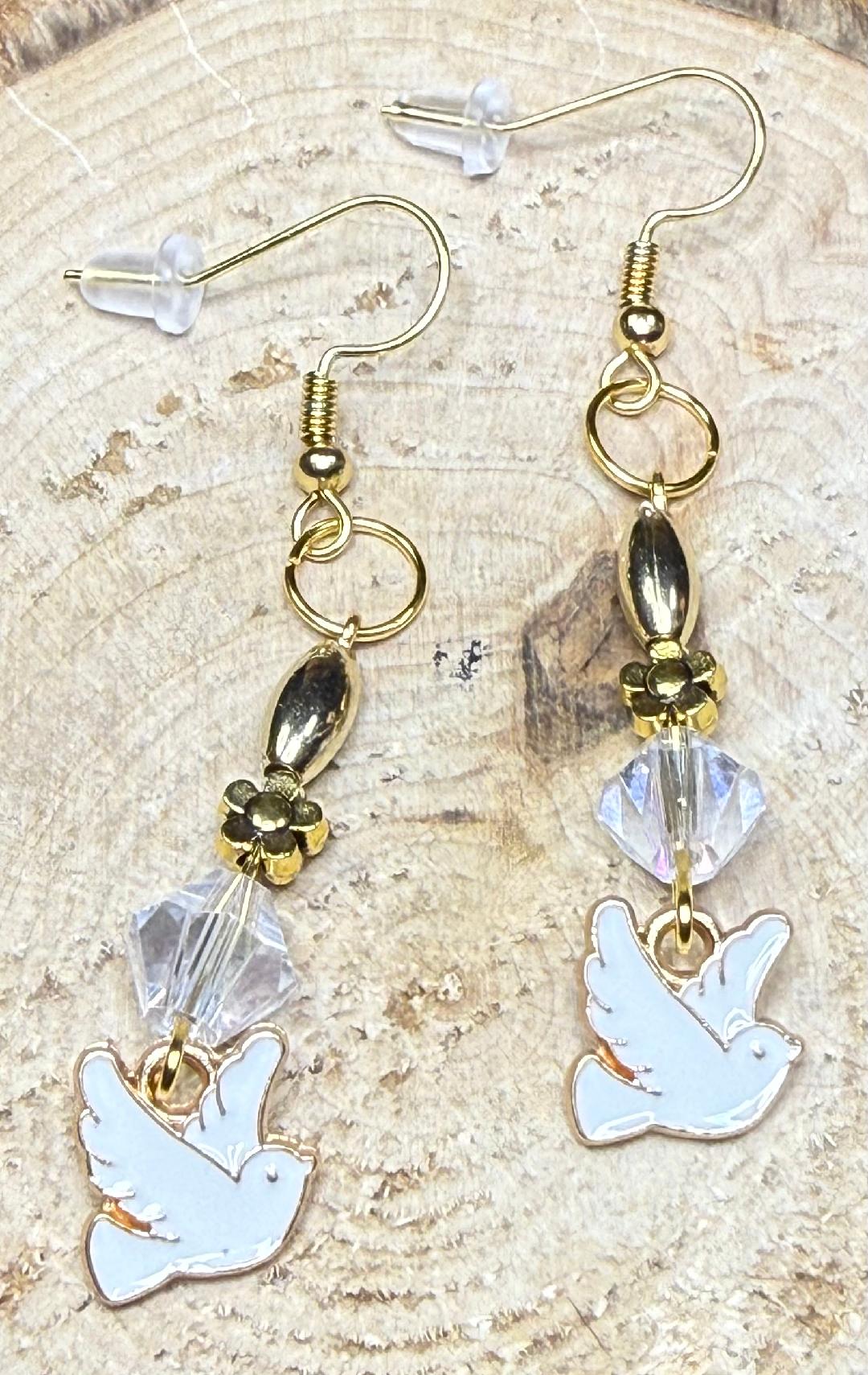 NEW Little White Dove Charm Earrings w/ Clear Glass & Flower Beads