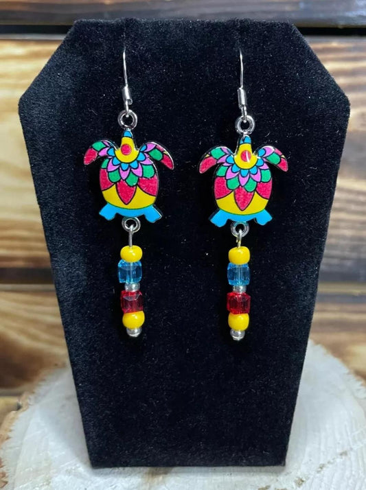 NEW Handmade Boho Hippie Southwestern Style Turtle Charm & Beaded Earrings