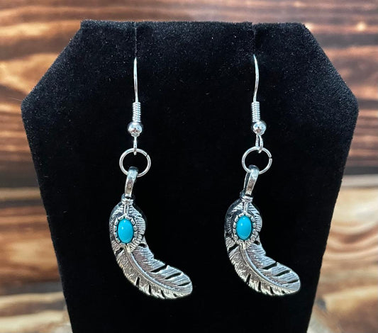 NEW Southwestern Alloy Feather & Faux Turquoise Earrings