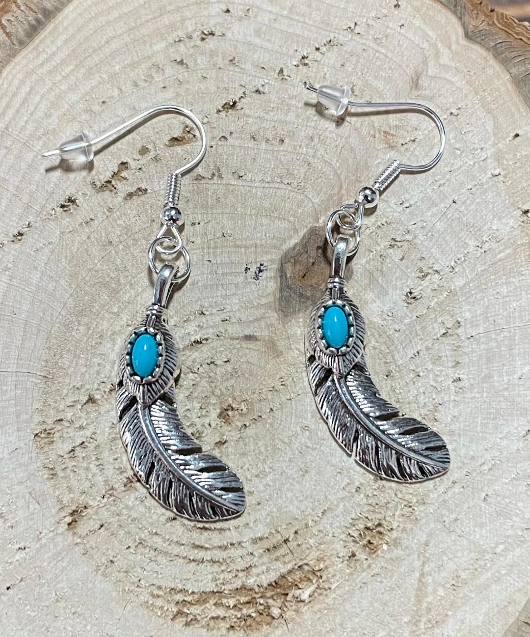 NEW Southwestern Alloy Feather & Faux Turquoise Earrings