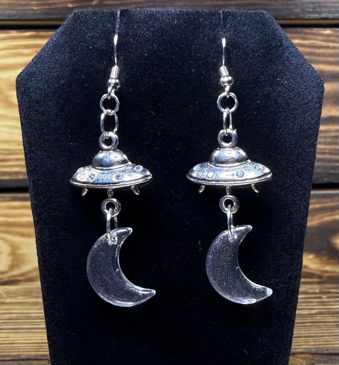 NEW Spaceship Charm Earrings w/ Crescent Moons