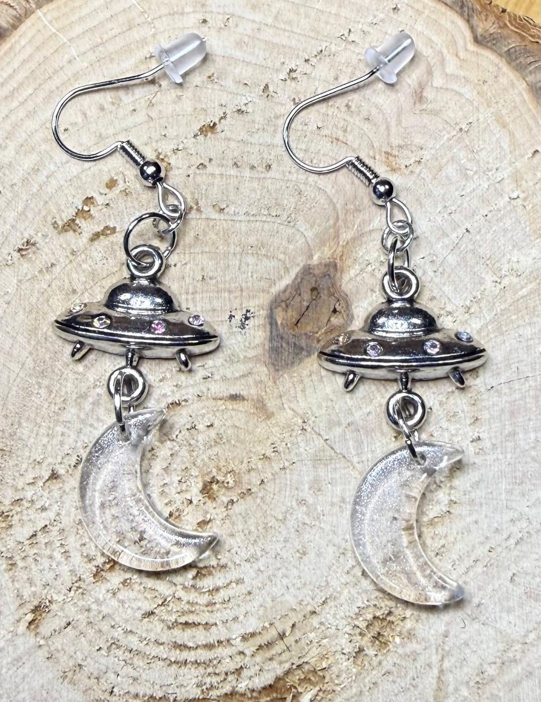 NEW Spaceship Charm Earrings w/ Crescent Moons