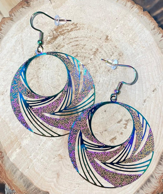 NEW Stainless Steel Large Hollow Hoop Iridescent Rainbow Earrings