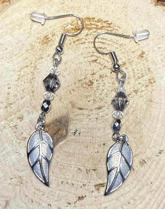 NEW Boho Silver Tone Leaf w/ Gray Faceted Beaded Earrings