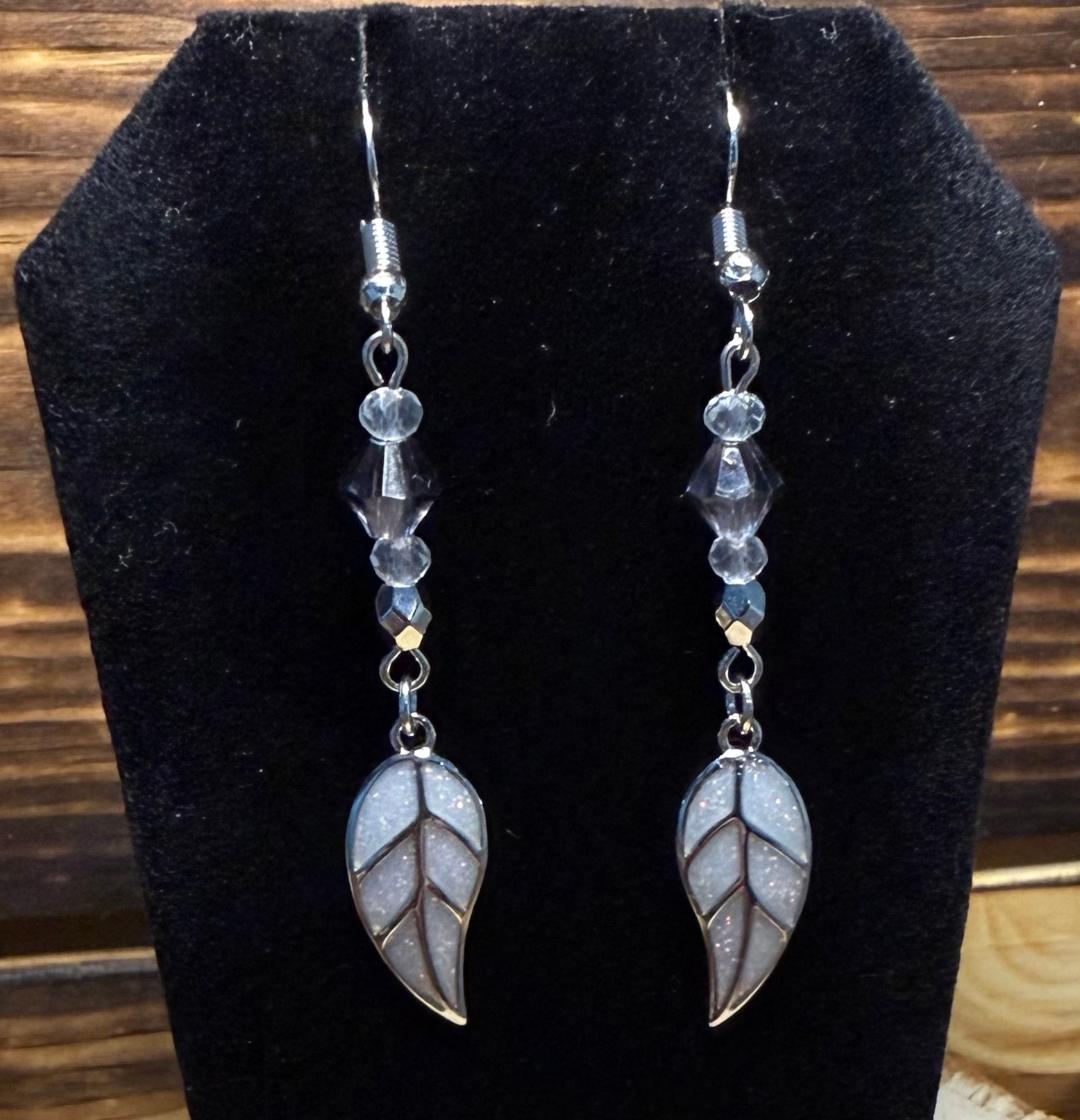 NEW Boho Silver Tone Leaf w/ Gray Faceted Beaded Earrings