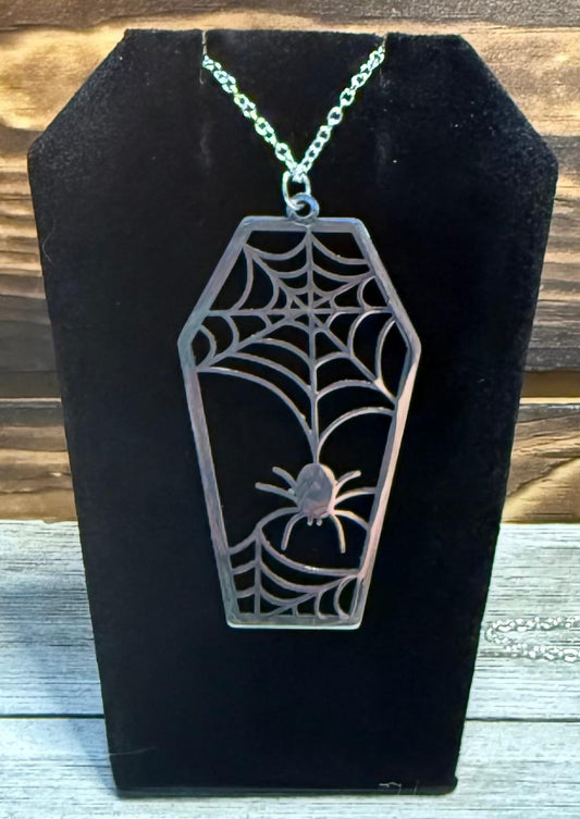 NEW Large Stainless Steel Coffin Spider & Web 16" Necklace