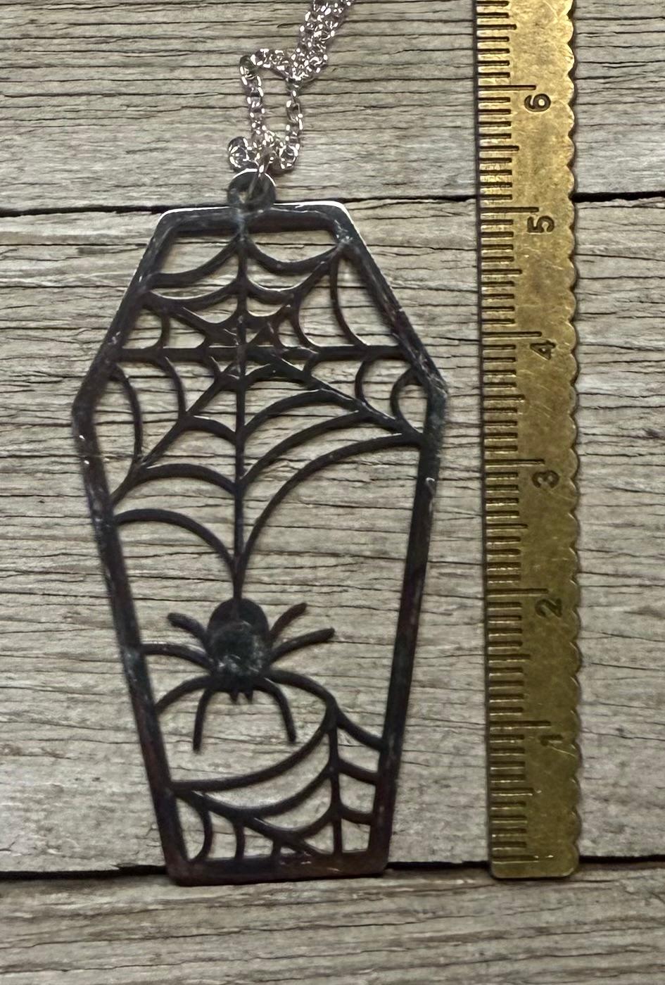 NEW Large Stainless Steel Coffin Spider & Web 16" Necklace