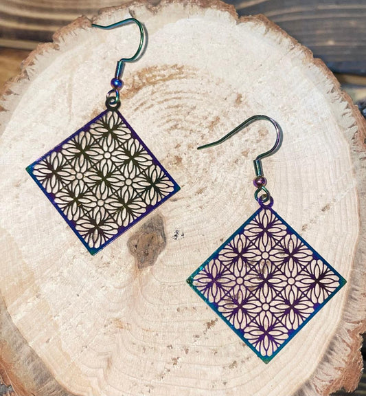 NEW Square Filigree Iridescent Laser Cut Drop Earrings