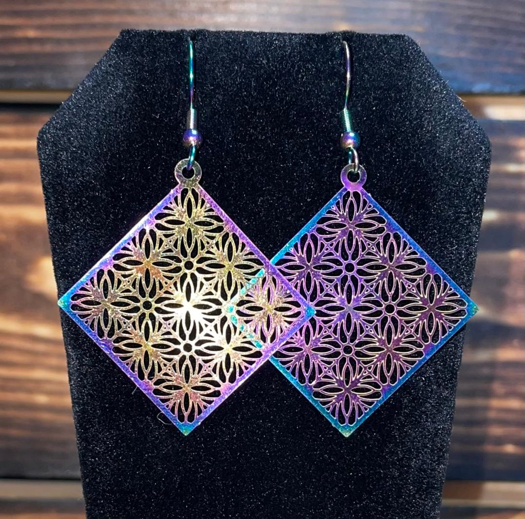 NEW Square Filigree Iridescent Laser Cut Drop Earrings