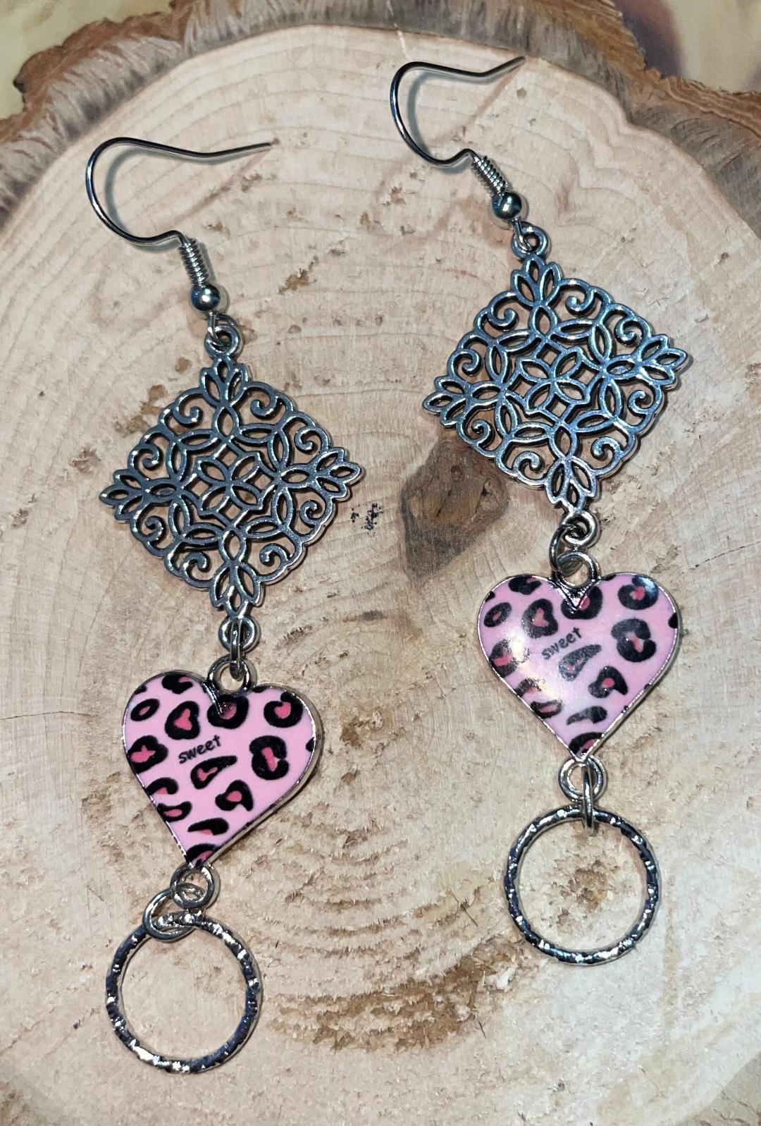 NEW Pink Leopard Boho Enamel Heart w/ Silver Mandala Earrings