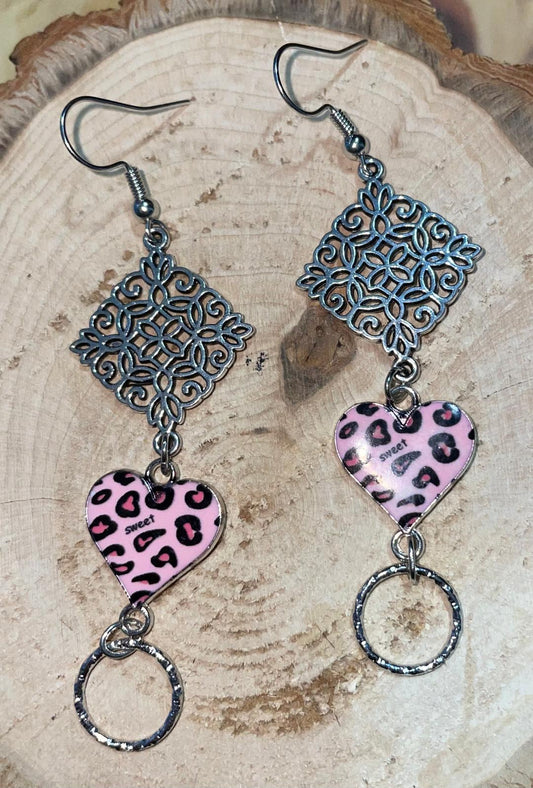 NEW Pink Leopard Boho Enamel Heart w/ Silver Mandala Earrings