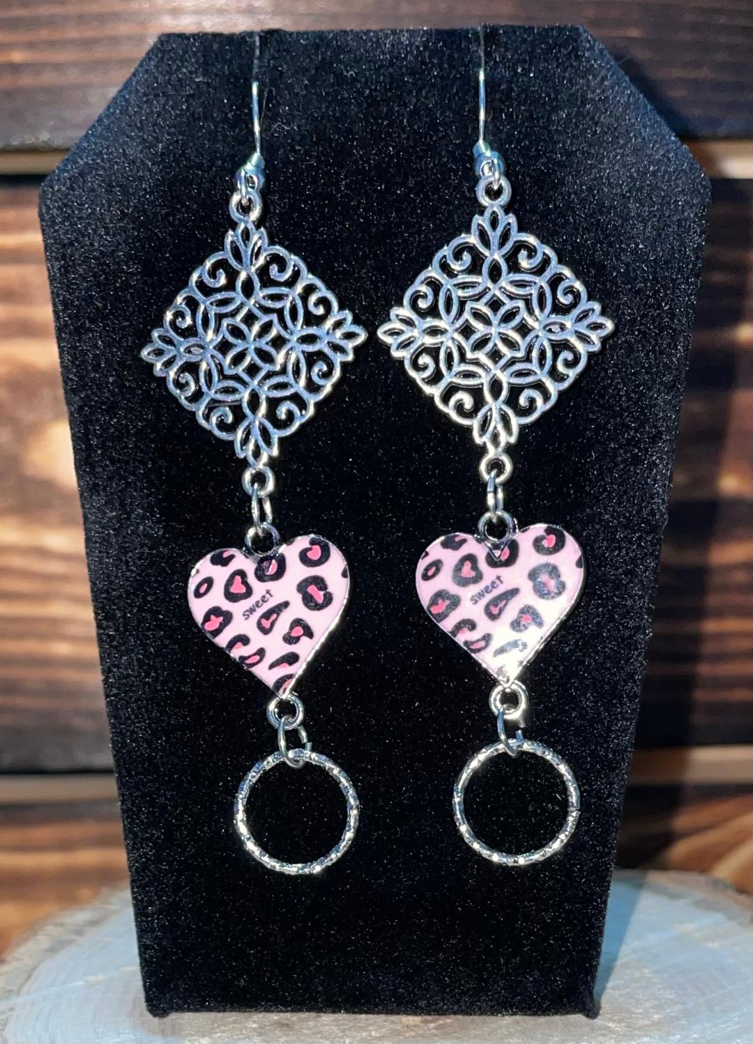 NEW Pink Leopard Boho Enamel Heart w/ Silver Mandala Earrings