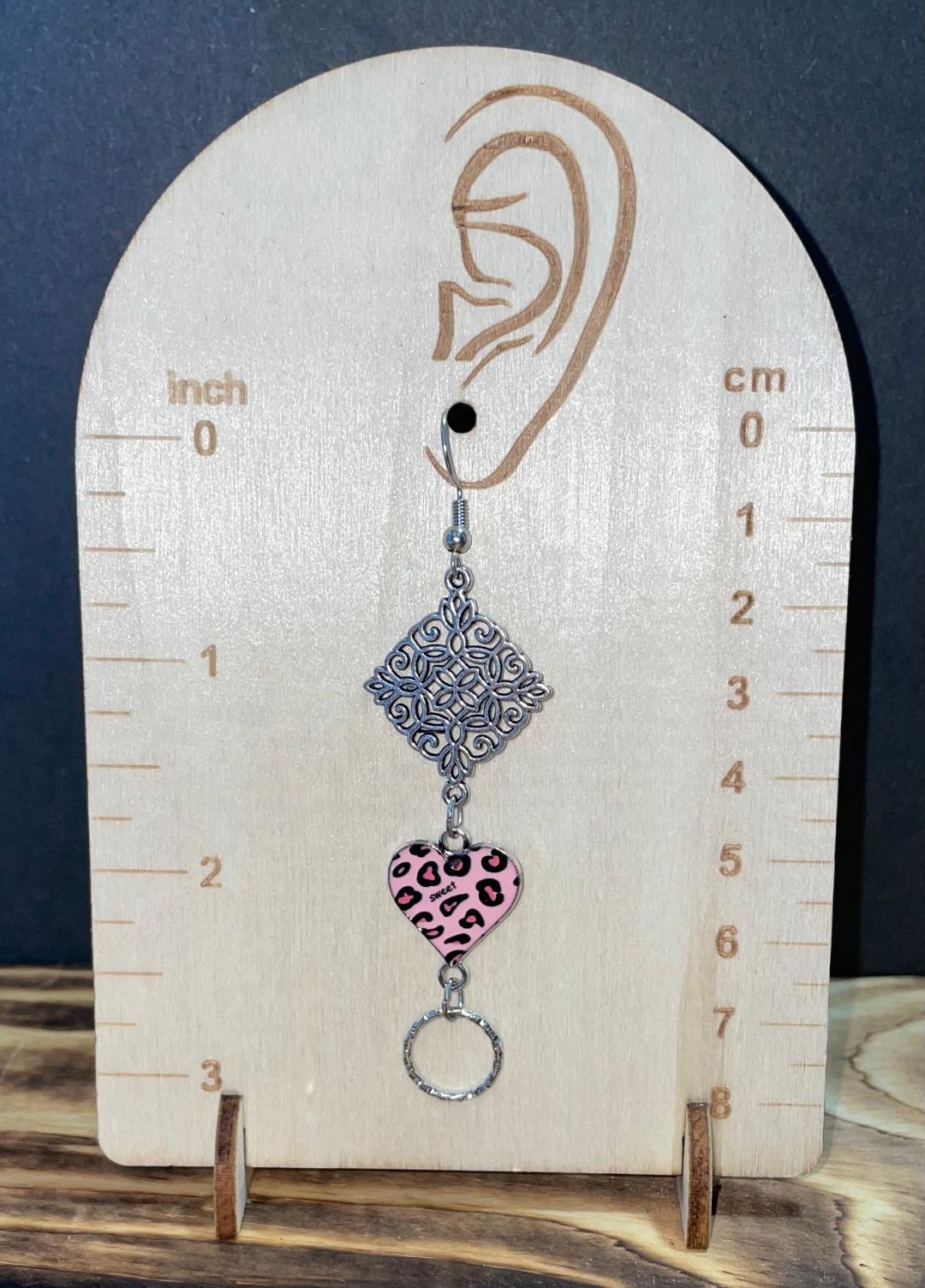 NEW Pink Leopard Boho Enamel Heart w/ Silver Mandala Earrings
