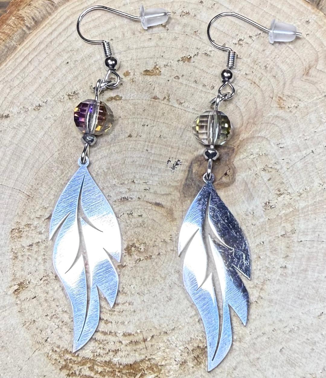 NEW Gorgeous Silver Stainless Steel Feather Leaf Earrings w/ Iridescent Glass Bead