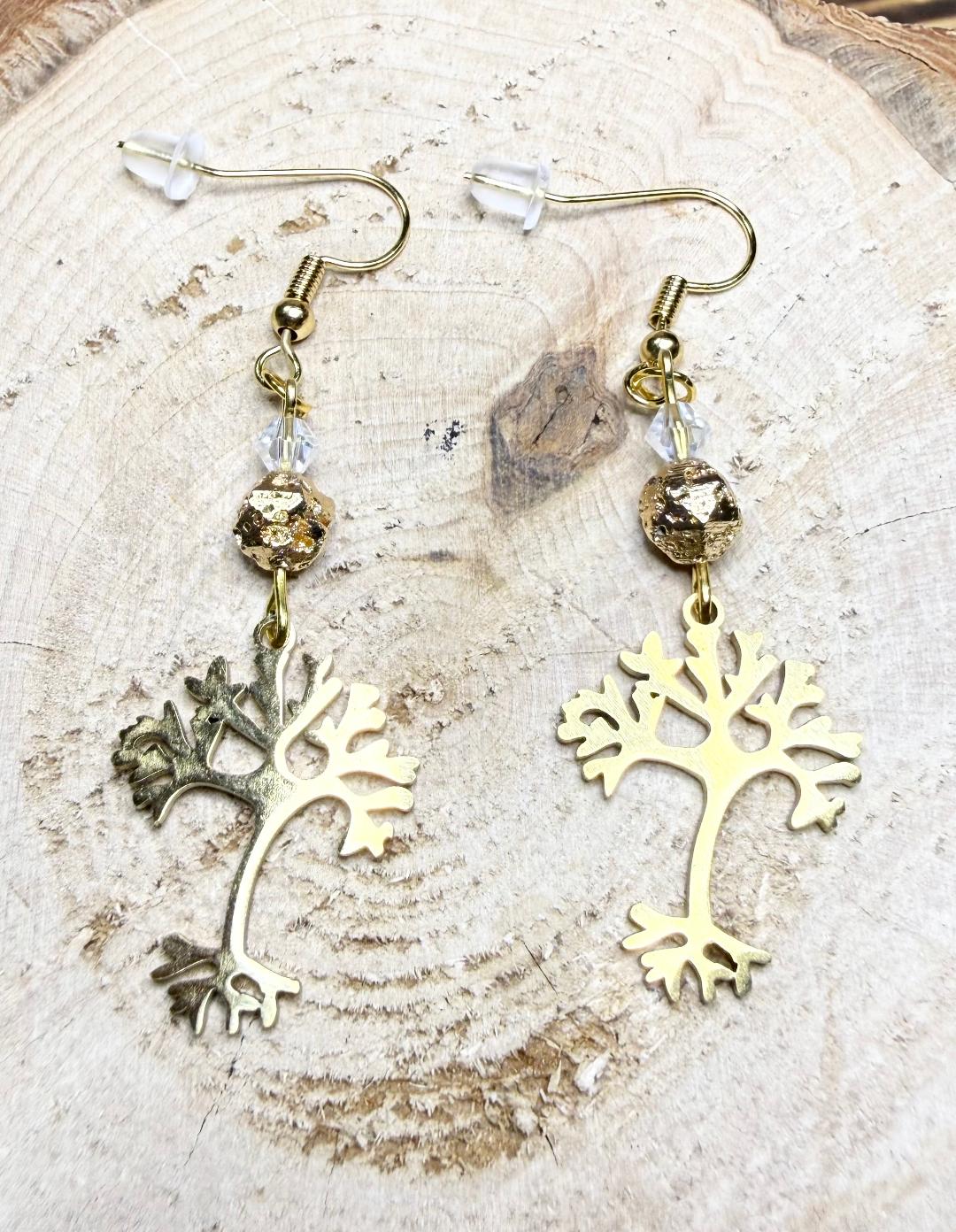 NEW Gold Stainless Steel Tree Charm Earrings w/ Plated Lava Beads