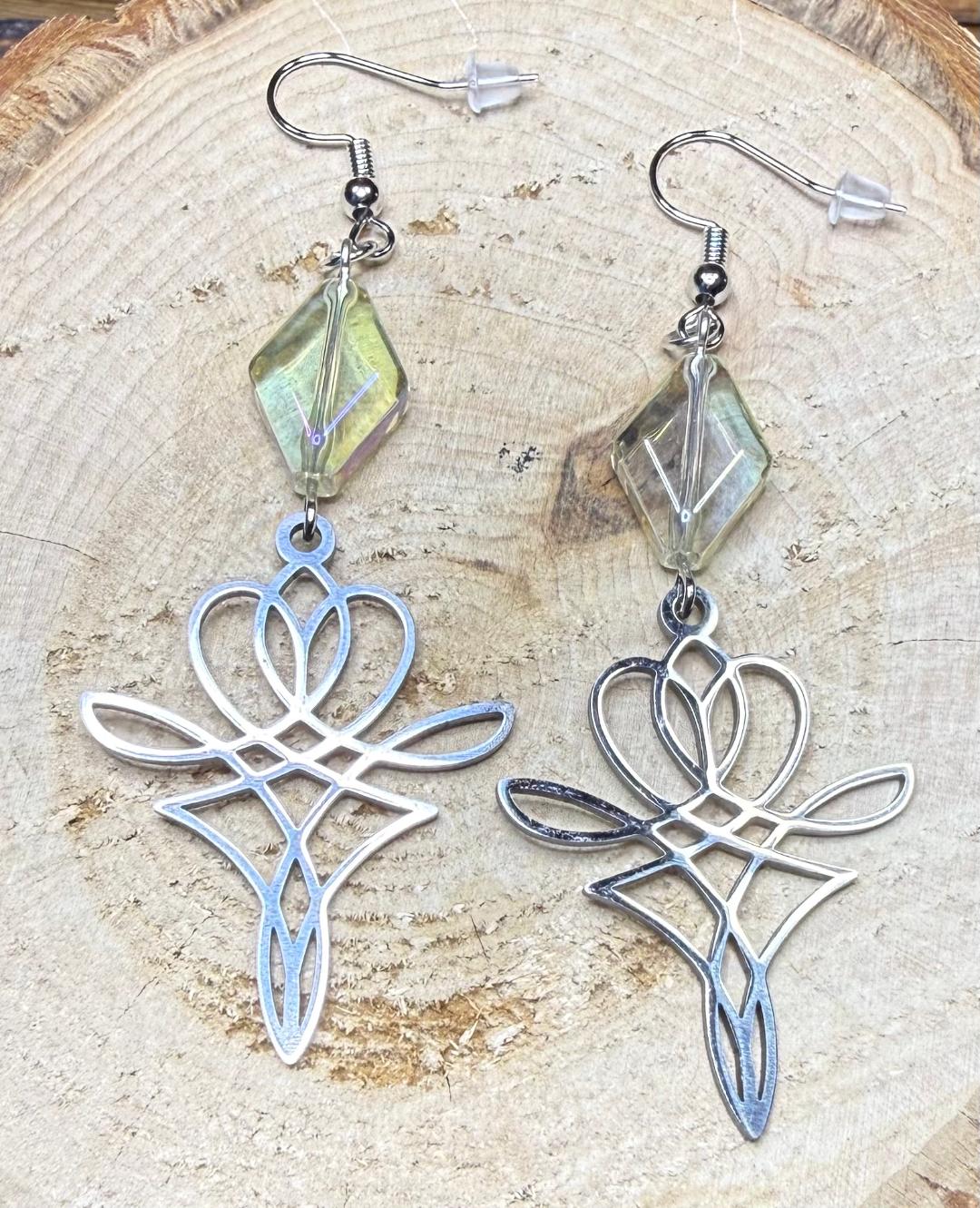 NEW Lotus Symbol Stainless Steel Earrings w/ Diamond Shape Glass Bead