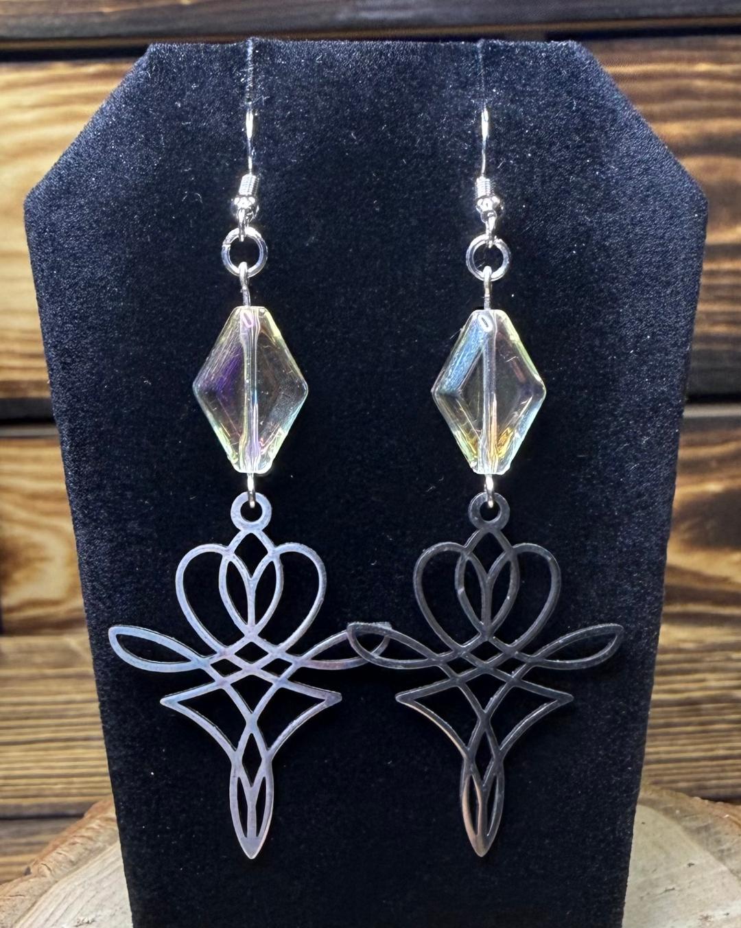NEW Lotus Symbol Stainless Steel Earrings w/ Diamond Shape Glass Bead