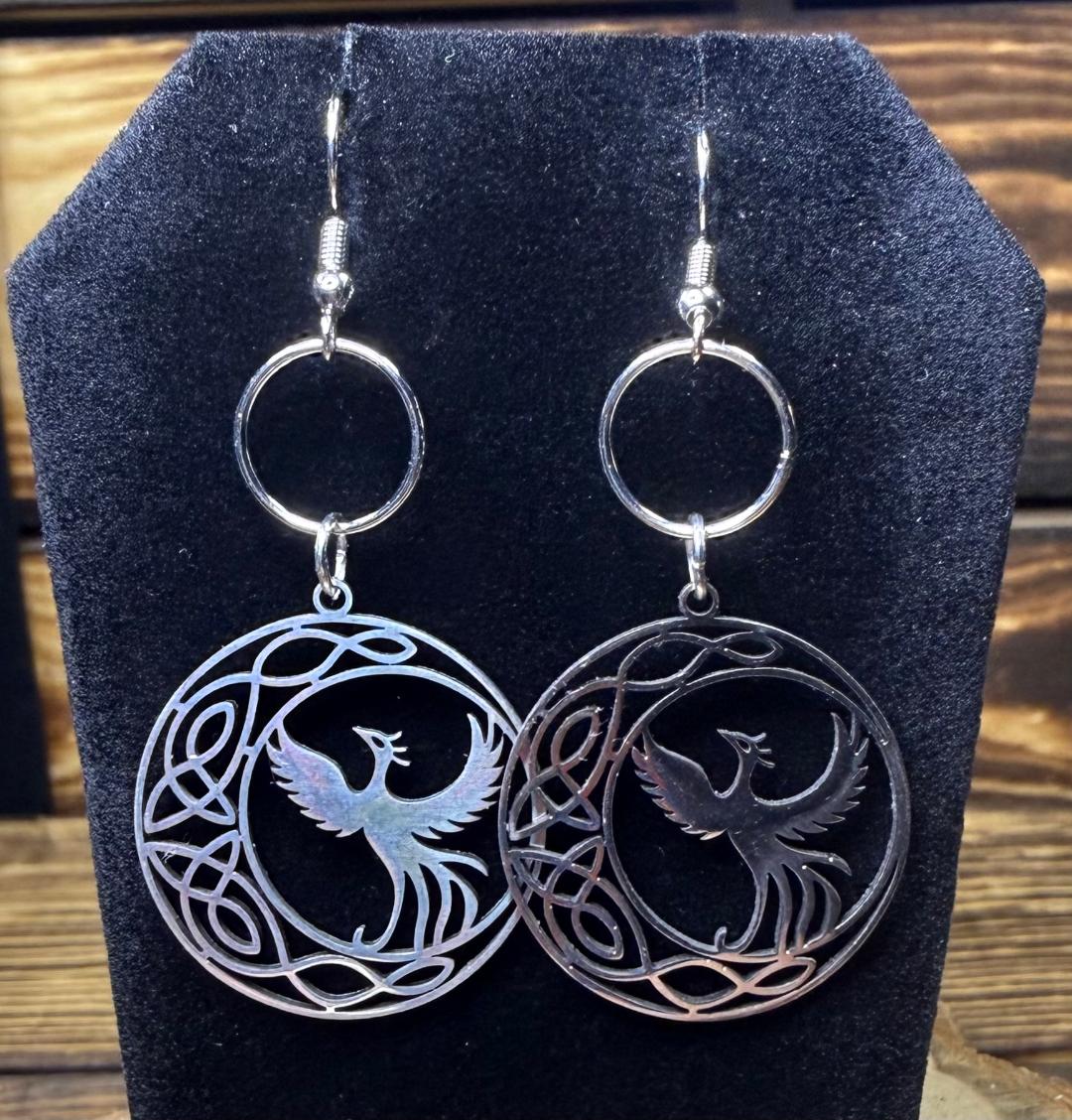 NEW Stainless Steel Silver Phoenix Bird Medallion Earrings