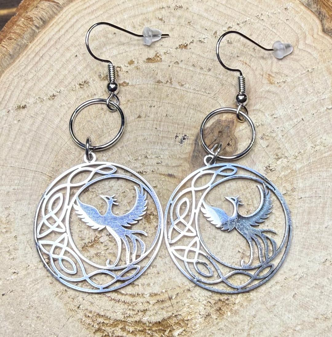 NEW Stainless Steel Silver Phoenix Bird Medallion Earrings