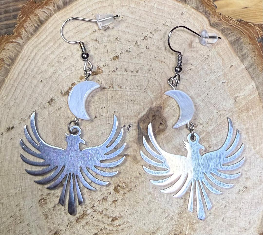 NEW Stainless Steel Phoenix Charm Earrings w/ Moon Beads
