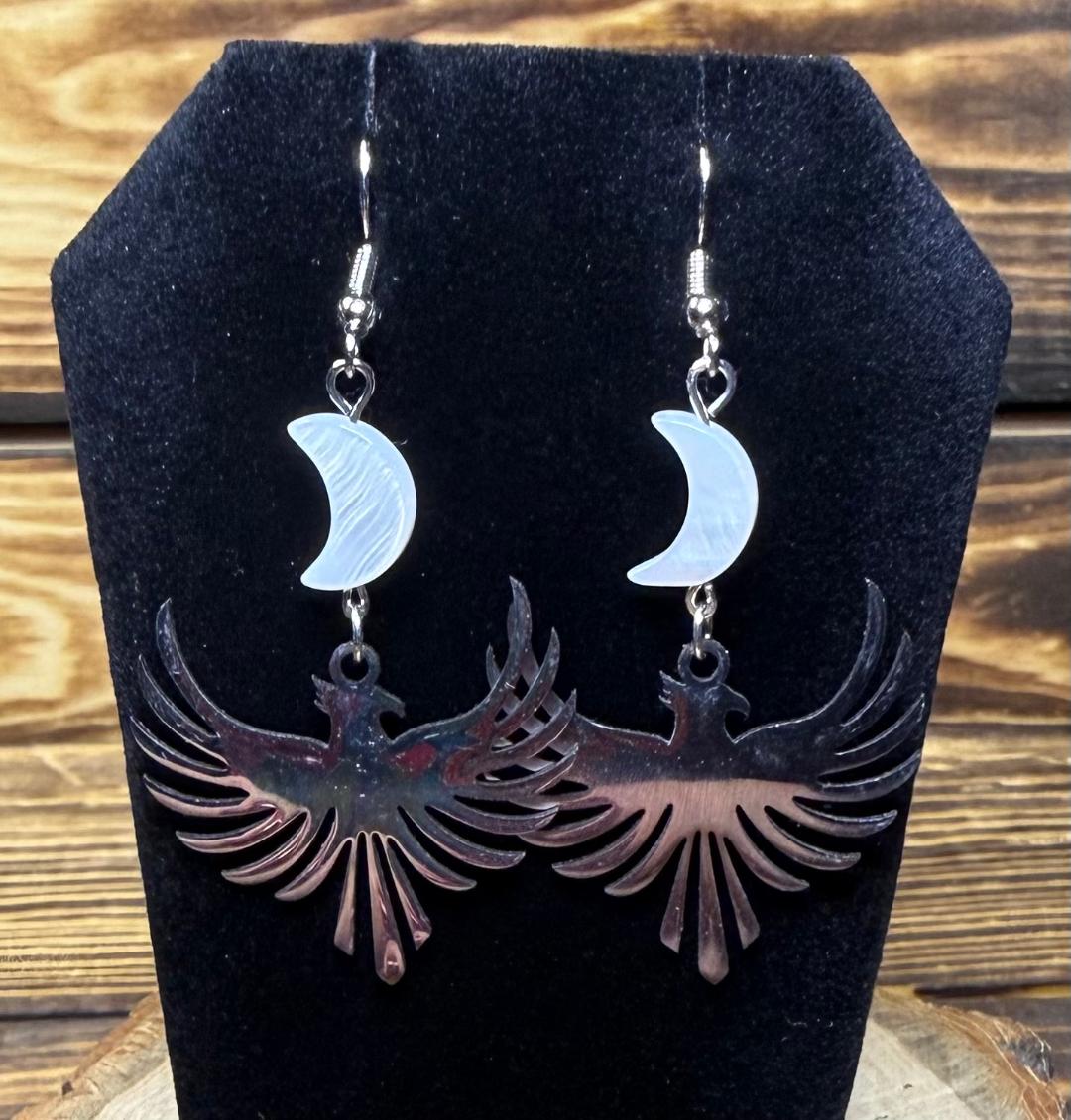 NEW Stainless Steel Phoenix Charm Earrings w/ Moon Beads