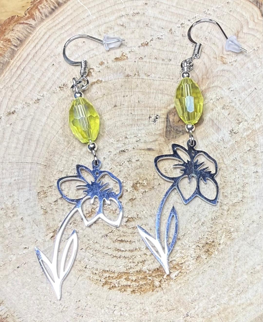 NEW Stainless Steel Flower Earrings w/ Faceted Oval Yellow Glass Bead