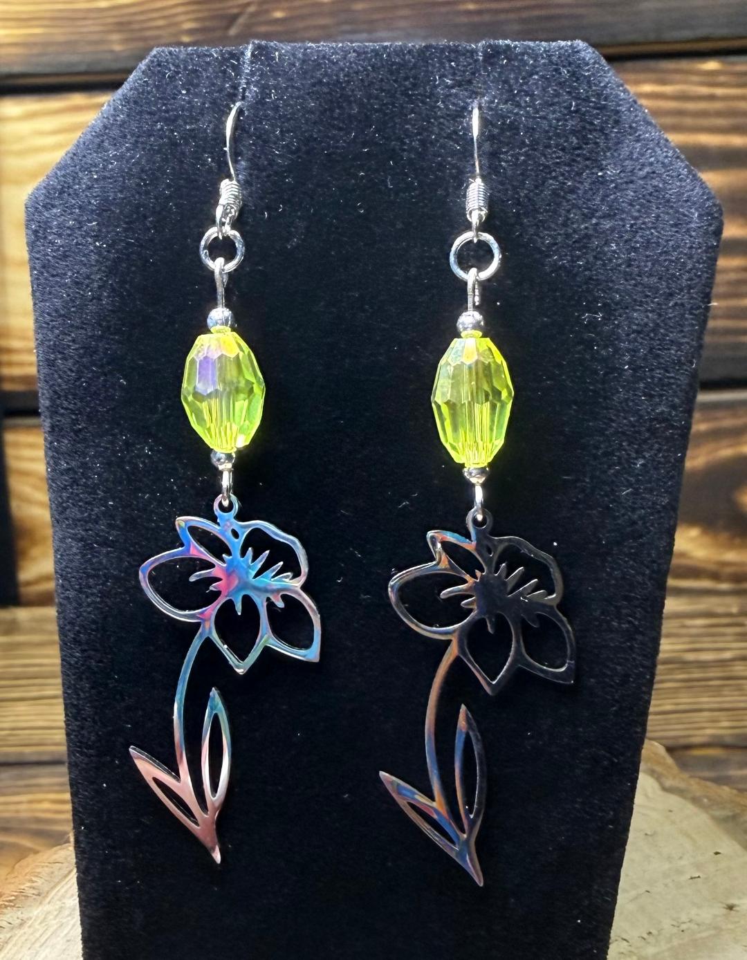 NEW Stainless Steel Flower Earrings w/ Faceted Oval Yellow Glass Bead