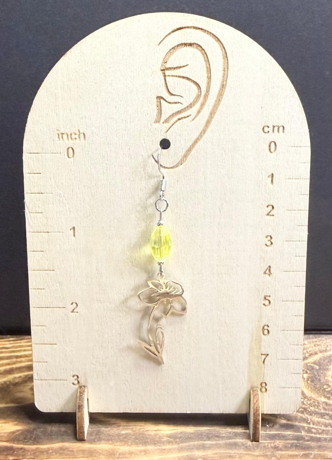 NEW Stainless Steel Flower Earrings w/ Faceted Oval Yellow Glass Bead