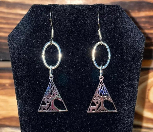 NEW Stainless Steel Triangular Nature Deer Forest Drop Earrings w/ Oval Ring